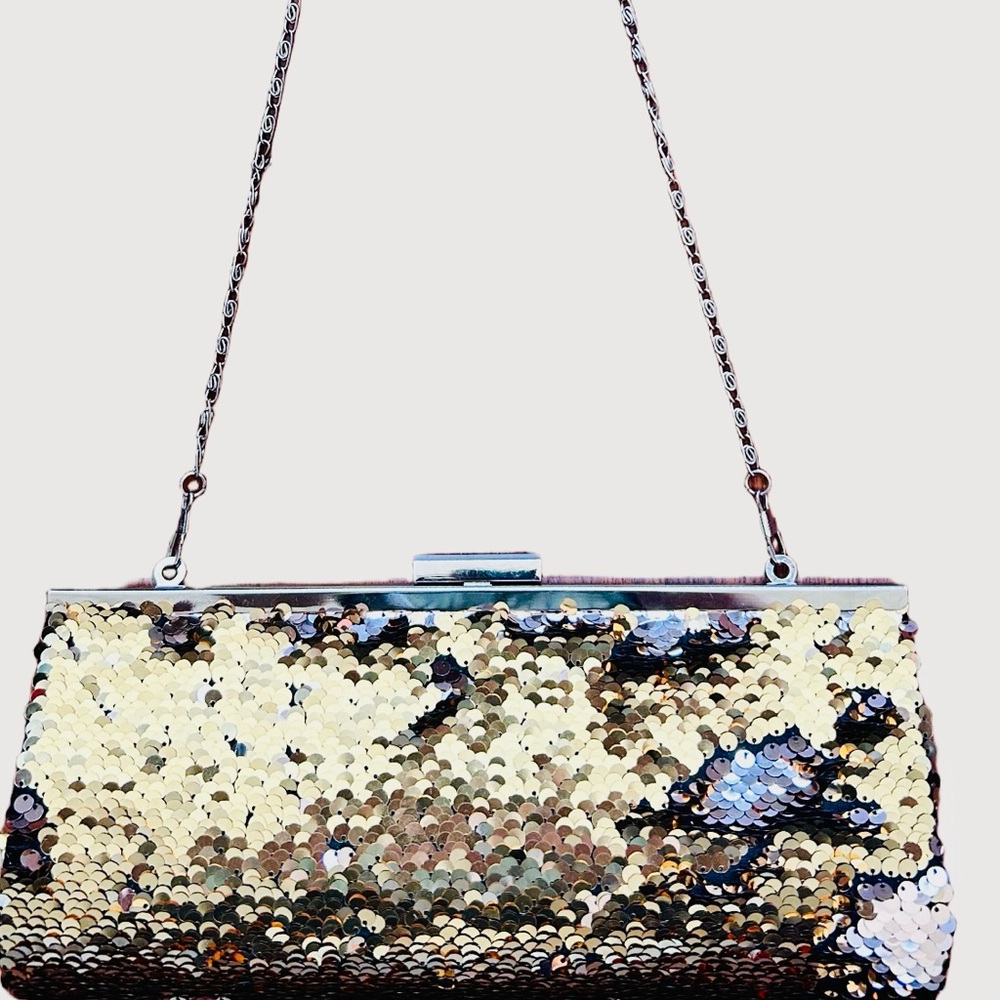 Gold and Silver Metallic Clutch with Long Chain Strap